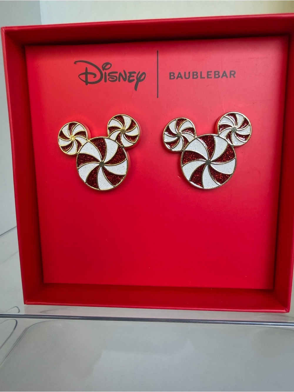 BaubleBar Disney Mickey Mouse Red, White & Gold Candy Swirl Stud Earrings NIB
